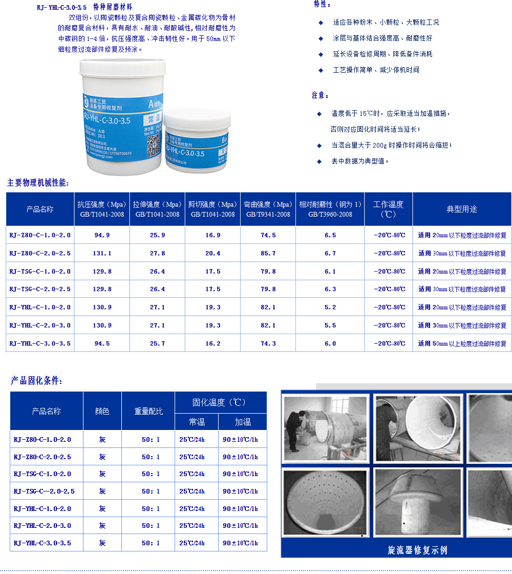 常溫複合陶瓷係列耐磨材料為雙組分，以陶瓷顆粒及複合陶瓷顆粒、金屬碳化物為骨材與PDMG預聚體為基礎的耐磨複合材料，具有耐水、耐油、耐酸堿性。適用（-60℃-80℃）設備過流衝蝕、設備的大麵積修複、設備預塗耐磨層，如旋流器、浮選柱、浮選機、泡沫槽、分級機、攪拌桶、溜槽、管件類、泵類等修複。